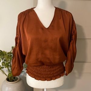 Rust Blouse with Ruched Waist & Tie Sleeves